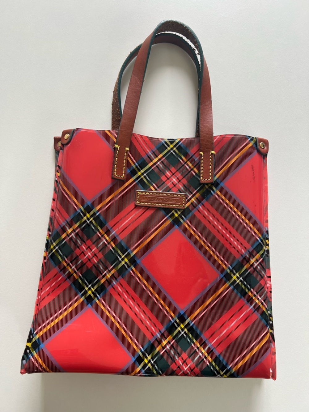 Dooney & Bourke Red Plaid Mini Tote with Brown Handles